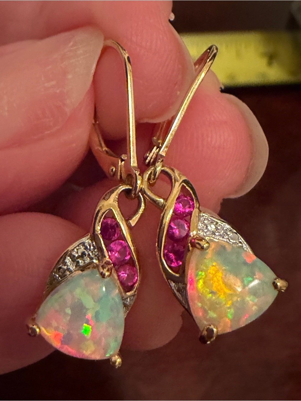 STERLING SILVER OPAL & RUBY DANGLE EARRINGS, gorgeous! vintage - Picture 7 of 7